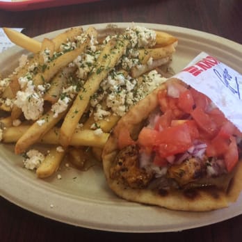 Yiassoo - Chicken souvlaki sandwich plus a side of Greek fries. So delicious!!! - Greek Near Me - Cupertino, California Yiassoo - Chicken souvlaki sandwich plus a side of Greek fries. So delicious!!! - Greek Near Me - Cupertino, California