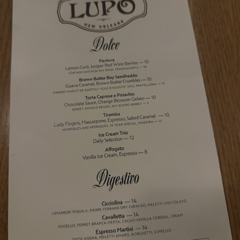 Osteria Lupo - Dessert Menu - Italian Near Me - New Orleans, Louisiana
