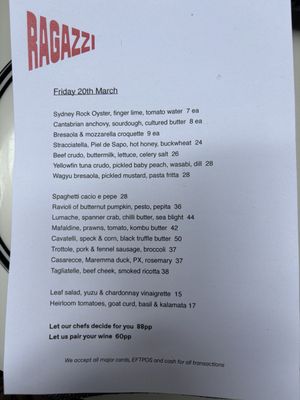 Menu photo 1 Ragazzi Sydney, NSW Menu photo 1 Ragazzi Sydney, NSW