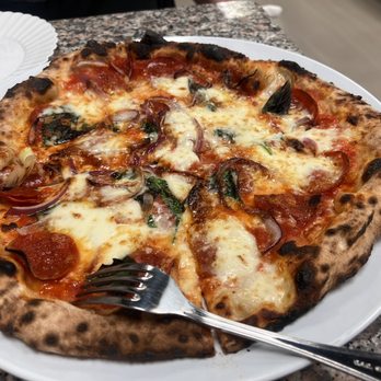 Crust Pizzeria Napoletana - PEPPERONI PIZZA with onions cooked well done - Italian Near Me - Herndon, Virginia Crust Pizzeria Napoletana - PEPPERONI PIZZA with onions cooked well done - Italian Near Me - Herndon, Virginia