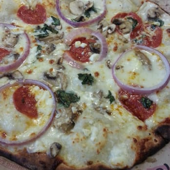 MOD Pizza - White pizza with garlic, pepperoni, red onion, mushroom,  feta, and basil - Pizza Near Me - Austin, Texas