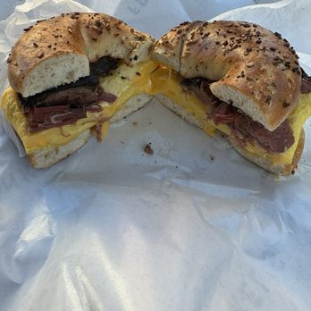 Frankel's Delicatessen - Pastrami, egg, and cheeses on whole wheat everything bagel - Delis Near Me - Brooklyn, New York Frankel's Delicatessen - Pastrami, egg, and cheeses on whole wheat everything bagel - Delis Near Me - Brooklyn, New York