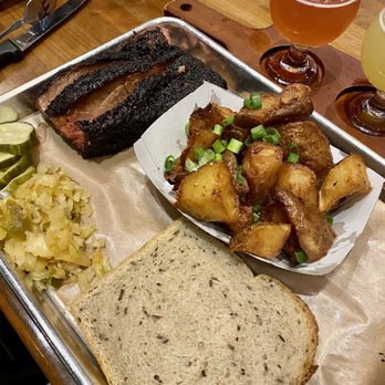 Mabel's BBQ - Fatty brisket, fried potatoes, pickles, kraut, rye bread - Barbeque Near Me - Cleveland, Ohio