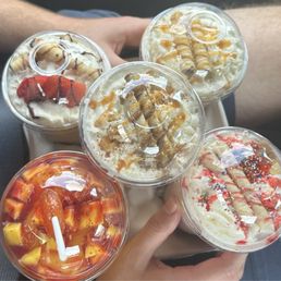 Horchata, mangonada, strawberry cheesecake, algarete, and coffee