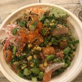 lcey Poki - Regular bowl with brown rice, double salmon, double edamame ($13) - Poke Near Me - San Jose, California