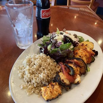 Panini Kabob Grill - My plate Charbroiled Chicken Shish Kabob, grilled vegetables, brown rice & Greek salad.  It was so delicious! - Mediterranean Near Me - Long Beach, California