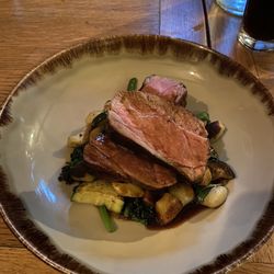 The Cross Keys - Lamb Rump main course with gnocchi, artichoke purée, courgettes, tender stem, and lamb jus. Delicious!