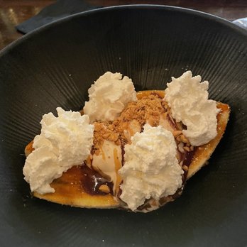 Sparrow + Wolf - Bruleed banana split with miso peanut butter ice cream and whipped cream - New American Near Me - Las Vegas, Nevada