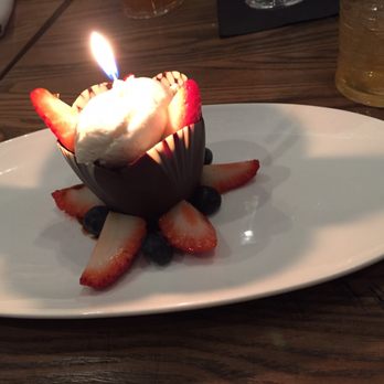 Cured Table & Tap - Complementary birthday dessert - chocolate cup with light marshmallow-like mousse & fresh strawberries - American Near Me - Columbia, Maryland