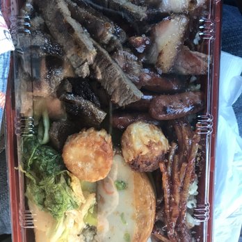 Taka's Box Lunch - Smoked meats Lunch BentoGood portions with boneless kalbi, smoked bbq pork, fish cake, tegu, kimchee & seafood balls on brown rice - Breakfast & Brunch Near Me - Honolulu, Hawaii Taka's Box Lunch - Smoked meats Lunch BentoGood portions with boneless kalbi, smoked bbq pork, fish cake, tegu, kimchee & seafood balls on brown rice - Breakfast & Brunch Near Me - Honolulu, Hawaii