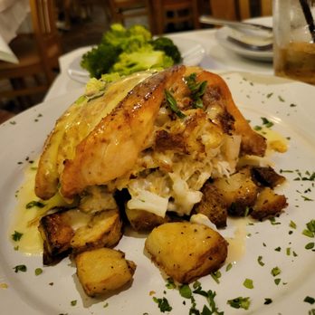 Angie's Seafood - Huge Salmon Imperial lump crabmeat w/red potatoes and side of broccoli - Seafood Near Me - Baltimore, Maryland Angie's Seafood - Huge Salmon Imperial lump crabmeat w/red potatoes and side of broccoli - Seafood Near Me - Baltimore, Maryland