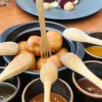 Los Danzantes - Mole sampler with plantain croquettes - Mexican Near Me - Oaxaca, OAX Los Danzantes - Mole sampler with plantain croquettes - Mexican Near Me - Oaxaca, OAX