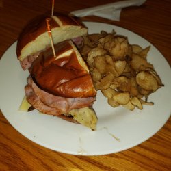 The Green Lantern Cafe - Piggie on Pretzel sandwich with homemade Saratoga chips.