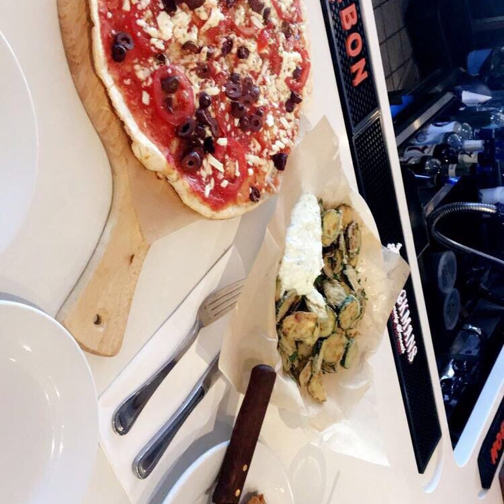 Simply Greek - Green pizza, zucchini chips with tzatiki sauce, & feta and spinach spanakopita. - Greek Near Me - Long Branch, New Jersey