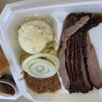 Gator Junction BBQ - the meat and sides in a styrofoam container - Barbeque Near Me - Wallisville, Texas