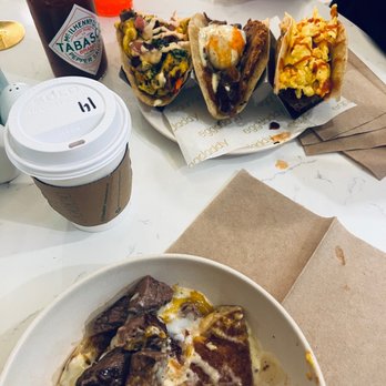 Eggdaddy - Steak benedict bowl.   Tacos:  Bangkok Brisket Taco.  Double Decker.  Benny and the Jets. - Breakfast & Brunch Near Me - Dallas, Texas