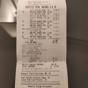 Ralphs - Receipt - Grocery Near Me - Los Angeles, California Ralphs - Receipt - Grocery Near Me - Los Angeles, California