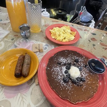 Stella's Fresh Brunch - Lemon Blueberry ricotta pancake, cranberry chicken sausage, scrambled eggs, fresh squeezed orange juice - Breakfast & Brunch Near Me - Pearland, Texas Stella's Fresh Brunch - Lemon Blueberry ricotta pancake, cranberry chicken sausage, scrambled eggs, fresh squeezed orange juice - Breakfast & Brunch Near Me - Pearland, Texas