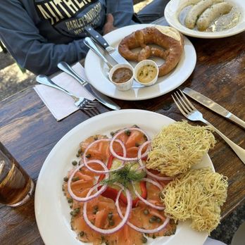 Speisekammer - Veal Bratwurst, potato pancakes, lox, brotzel. - German Near Me - Alameda, California Speisekammer - Veal Bratwurst, potato pancakes, lox, brotzel. - German Near Me - Alameda, California