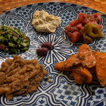 Casablanca - Moroccan salad (babagaboush, tabouleh, hummus, roasted tomato and bell peppers, carrots, olives) - Moroccan Near Me - Kailua, Hawaii