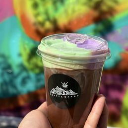 Halo Presko unsweetened cold brew (16 hour steeped Peru Cajamarca) topped with signature pandan & ube cold foams