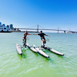 SpinOut Fitness - A couple enjoying a perfect Waterbiking date in San Francisco Bay.