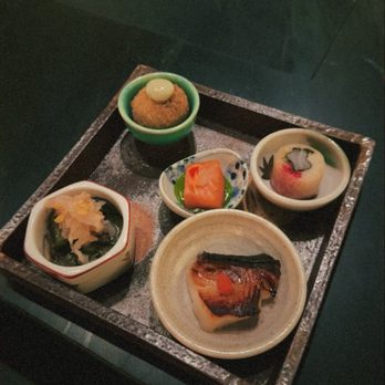 Kappo Kappo - Wagyu croquette, black cod miso, salmon mi cuit, daikon maki and madai bainiku - Japanese Near Me - Austin, Texas