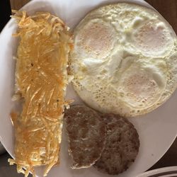 Hash browns, sausage patties, & 3 Eggs