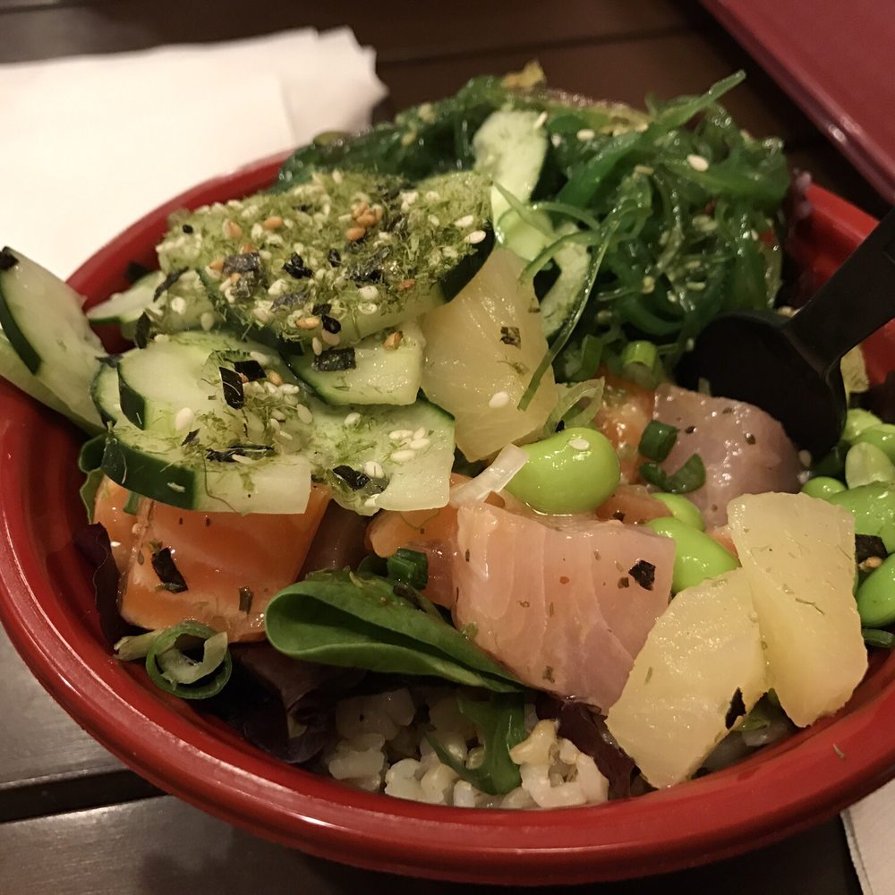 Poki Bar - Arcadia - Small - 2 choices (salmon & yellowtail), salad and brown rice base, cucumber, seaweed salad, pineapple, edamame, seaweed - $9.23 - Sushi Bars Near Me - Arcadia, California Poki Bar - Arcadia - Small - 2 choices (salmon & yellowtail), salad and brown rice base, cucumber, seaweed salad, pineapple, edamame, seaweed - $9.23 - Sushi Bars Near Me - Arcadia, California