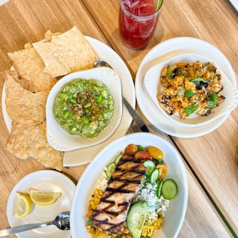 True Food Kitchen - Edamame Guac (did not think this would be as good as it was!), seasonal kale cobb with salmon, charred cauliflower - New American Near Me - Gaithersburg, Maryland
