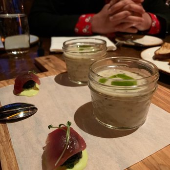 Ninety Acres - Celery Soup and Tuna/Squid Ink bites - New American Near Me - Peapack, New Jersey