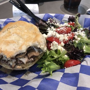 5 Ate Cafe - Mushroom Swiss Burger with a side of salad yum! - Pizza Near Me - Spring, Texas 5 Ate Cafe - Mushroom Swiss Burger with a side of salad yum! - Pizza Near Me - Spring, Texas
