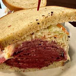 #7 corn, beef pastrami on rye with Russian dressing coleslaw