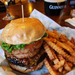 Ballston Lake Tavern - Lake Burger with seasoned fries and a Black and Blueberry Blonde