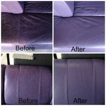 Chameleon Leather Re-Dying - Before and after pictures of our leather sofa with cat damage. - Furniture Reupholstery Near Me - San Diego, California