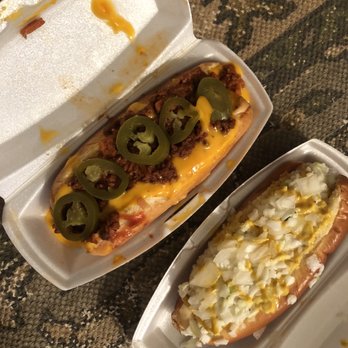 Greedy Rascals - Vegetarian Chili cheese dog and dog with slaw onions and mustard - Hot Dogs Near Me - West Columbia, South Carolina Greedy Rascals - Vegetarian Chili cheese dog and dog with slaw onions and mustard - Hot Dogs Near Me - West Columbia, South Carolina