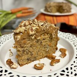 Full Life Gourmet Bakery - Indulge in a slice of heaven! Our moist, sugar-free, dairy-free, gluten-free carrot cake with pecans & caramel topping is Keto & Paleo.