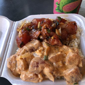 Ono Seafood - #1 Shoyu Ahi & #7 Spicy Ahi over brown rice - Seafood Near Me - Honolulu, Hawaii Ono Seafood - #1 Shoyu Ahi & #7 Spicy Ahi over brown rice - Seafood Near Me - Honolulu, Hawaii
