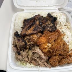 Mo' Bettahs Hawaiian Style Food - Ekolu plate with teriyaki chicken, kahlua pork, and katsu chicken. I think there's about 5lbs of food here!