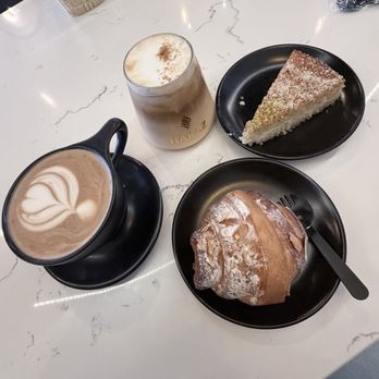 Haraz Coffee House - Hot mocha latte, iced pumpkin latte, almond croissant & unknown dessert - Coffee & Tea Near Me - Fairfax, Virginia