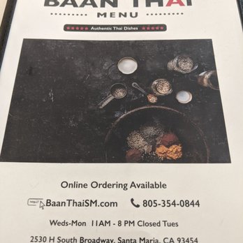 Baan Thai - Front of menu - Thai Near Me - Santa Maria, California
