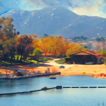 Lake Poway Park - Scenic painterly photo of Lake Poway looking toward boat ramp (by fotograzio) www.flickr.com/fotograzio - Parks Near Me - Poway, California