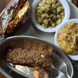 Pecan crusted salmon, squash casserole, Lima beans, baked sweet potato.