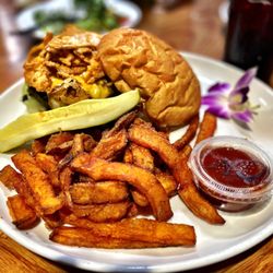 Terrace Café - Outlaw BBQ Burger, with house made BBQ sauce. Crispy onions and smoked Gouda cheese. Sweet Potato fries! Must get...