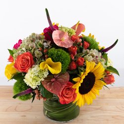 Rekemeier's Flower Shops - Hazy Noon - this beautiful assortment of hydrangea, sunflowers, roses, anthurium, calla lilies, and dianthus is a gorgeous hazy sunset