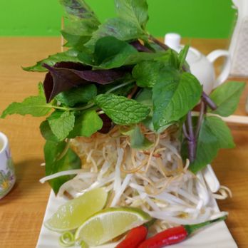 Trung Nguyen Cafe - Fresh herbs, bean sprouts and hot pepper for our soup - Vietnamese Near Me - Vancouver, British Columbia