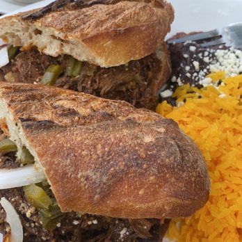 Chile Toreado - Barbacoa Torta, black beans and rice - Mexican Near Me - Chicago, Illinois
