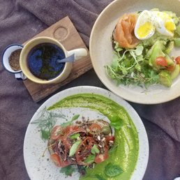 Vegan toast, Avocado toast, coffee Vegan toast, Avocado toast, coffee