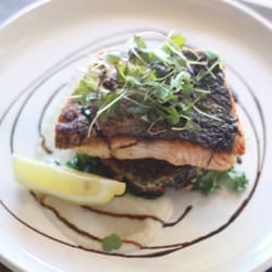 Little by Little Cafe - Crispy skinned salmon on a quinoa patty