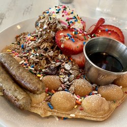 Birdy’s Behind the Bower - BUBBLE WAFFLE: with link turkey sausage. More like a deconstructed sprinkle donut - but fun!